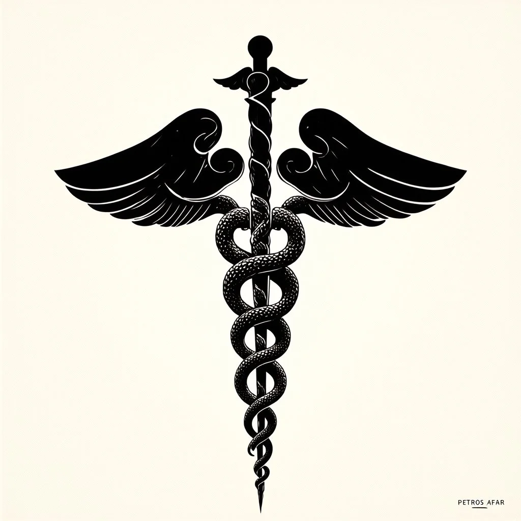 glowing fantastical caduceus symbol with two serpents coiling around a staff, concept art, minimalism, dark negative space, by Petros Afshar