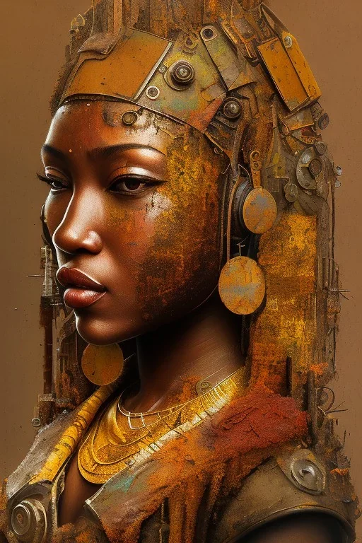 an abstract painting of rusted metal, african portrait, rust, scaffolding, iron cladding, decay, mixed media, textured, anatomically correct, beautiful perfect face, sharp focus, highly detailed