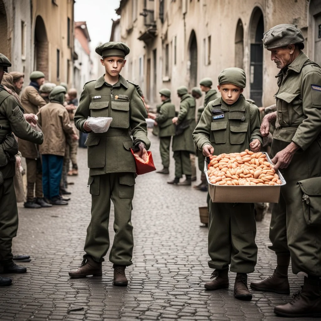 handing out food in modern day Europe from military to starving children