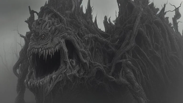 The described image presents an extremely horrifying scene with grayscale colors dominating the picture, creating a dark and eerie atmosphere. In this context, there is a massive, monstrous creature positioned prominently in the foreground of the image. This monster appears to be mythical and intensely frightening, characterized by its terrifying features and its colossal, imposing body that exudes immense power. When one looks at this monster, its face and eyes exhibit horrifying details, seem