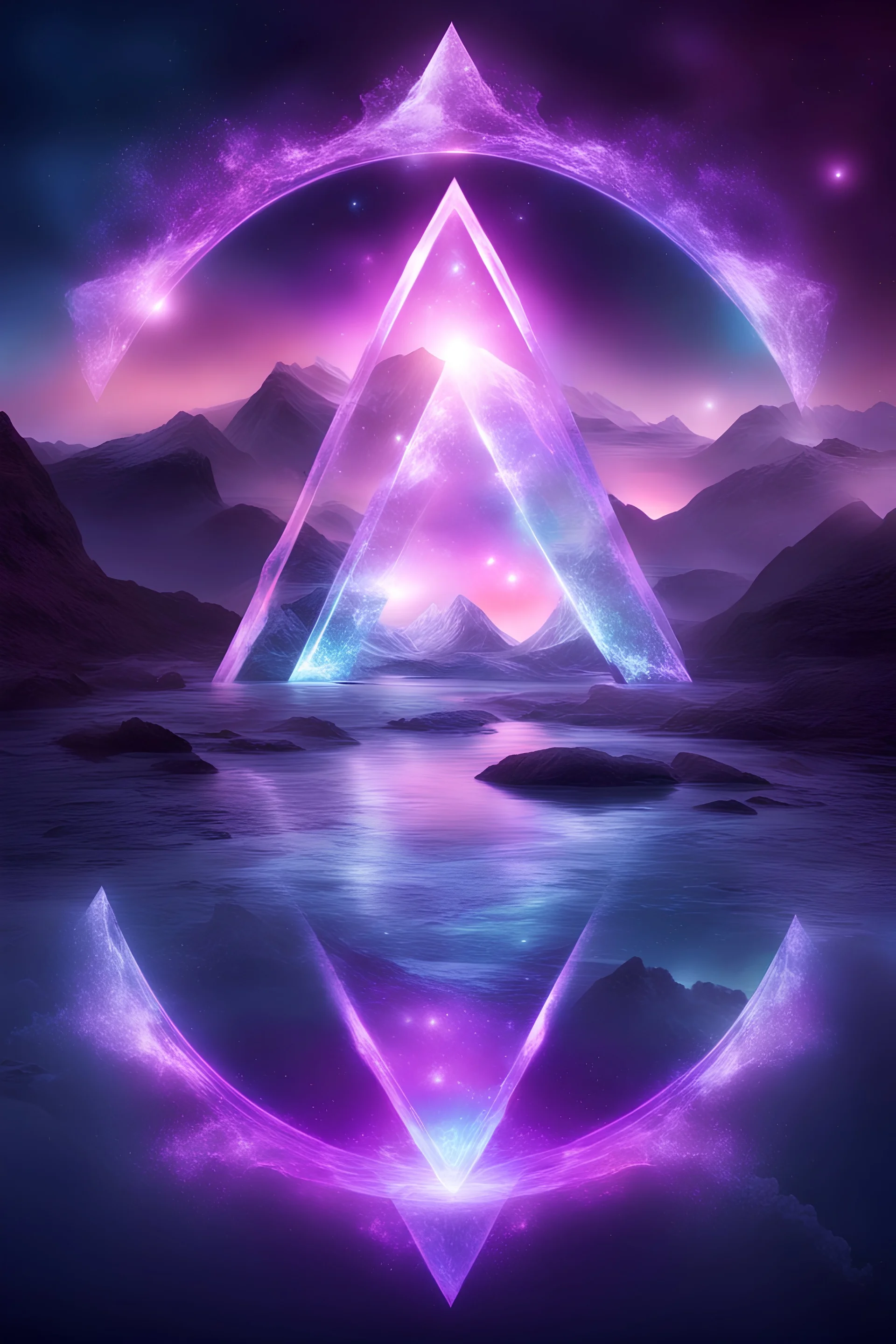 glowing aura magic circle purple and blutop to bottom river flowing with icebergs surrounding the rivere,galaxy background futuristic font in the middle. Triangle A