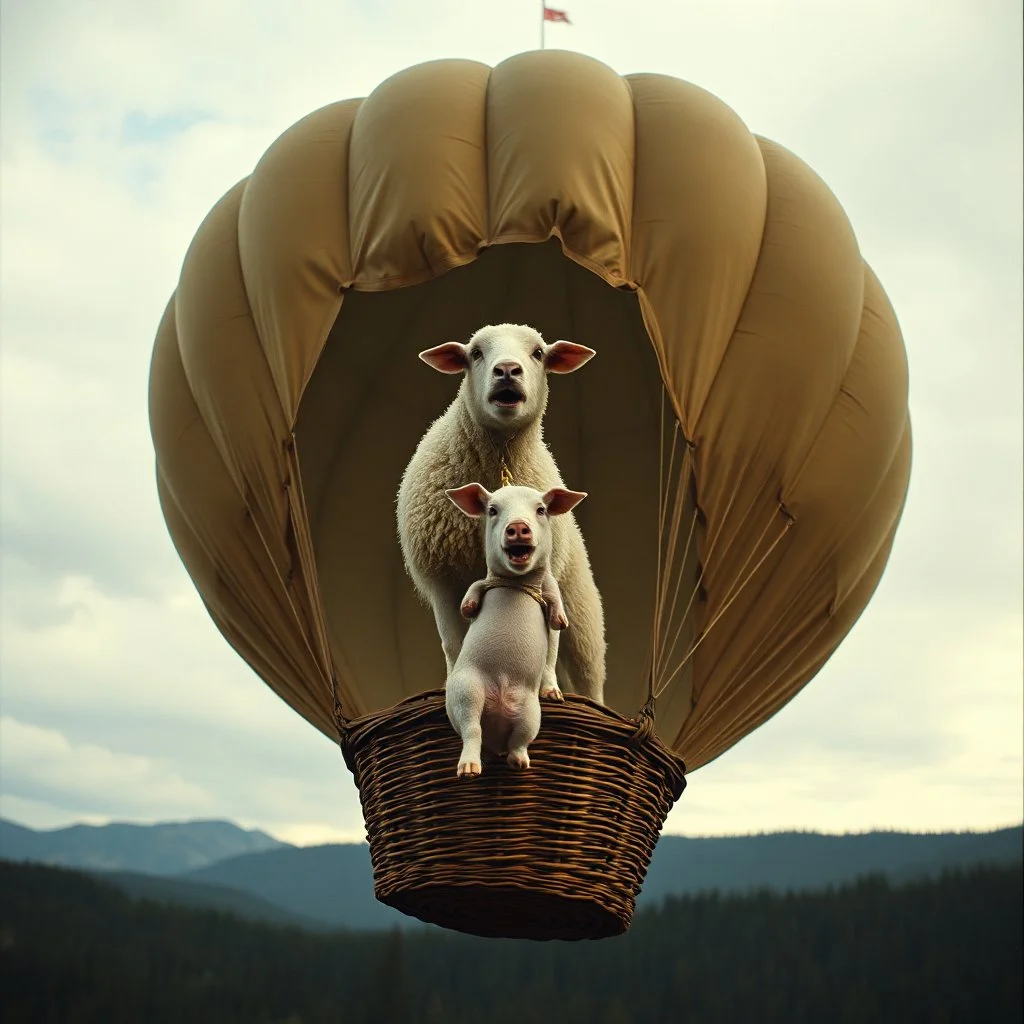 Silent era Art film aesthetic, Long shot Wide angle photograph from perspective of the ground, an excited sheep standing in the basket of a hot air balloon high in air with a scared pig hanging from a rope dangling down from the basket, forest and mountains in the background, cloudy skies, color photo, low contrast, absurd, lots of empty space