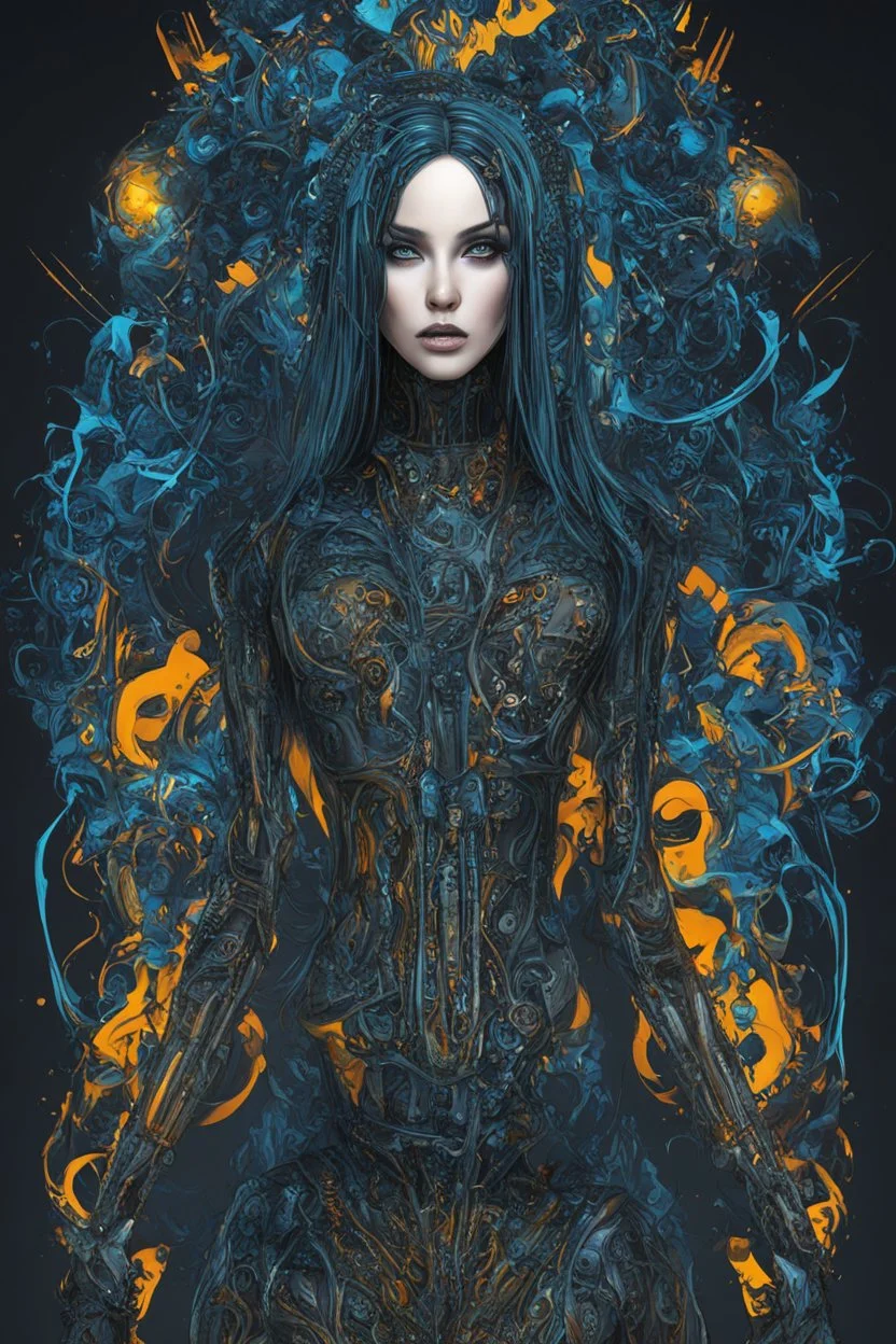 Create a wild, imaginative, full body, cybernetics enhanced goth girl with highly detailed facial features, in the vector graphic style of Nirak1,Christopher Lee, and Cristiano Siqueira, vibrant colors, sharply defined 3d vector