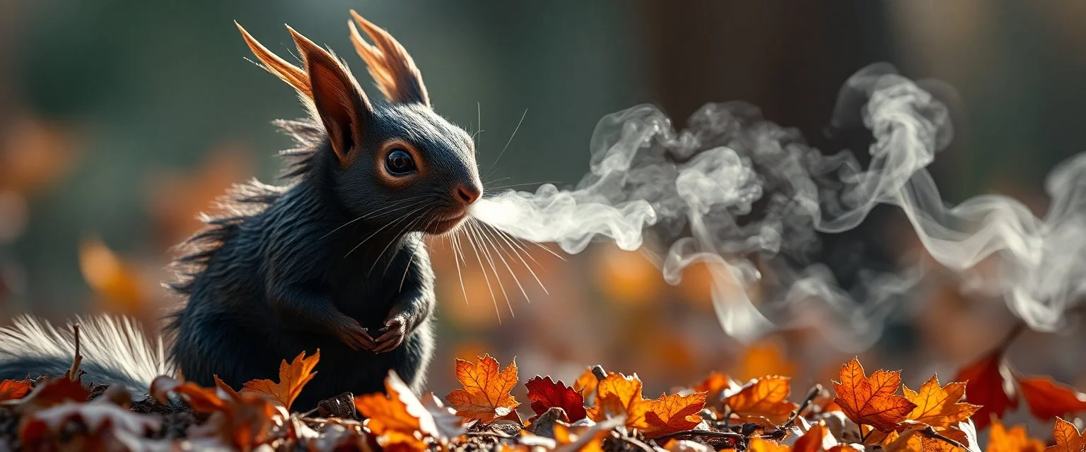 portrait of a squirrel black dragon in autumn, breathing smoke