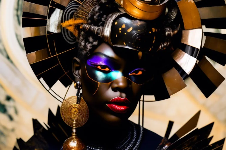a close up of an arafed black woman with a rusty scrap metal headgear, engulfed in fragments of a spiral marble staircase, art deco vibe, stylized photo, japanese popsurrealism, afrofuturism, amazing reflections, geisha mask influence, eyeslit visor fear, tang dynasty influence, war paint face, elaborate haunted face, neotokyo source, warm saturated colors, futuristic cloning facility, sudden juxtapositions, arafed inlars supportive