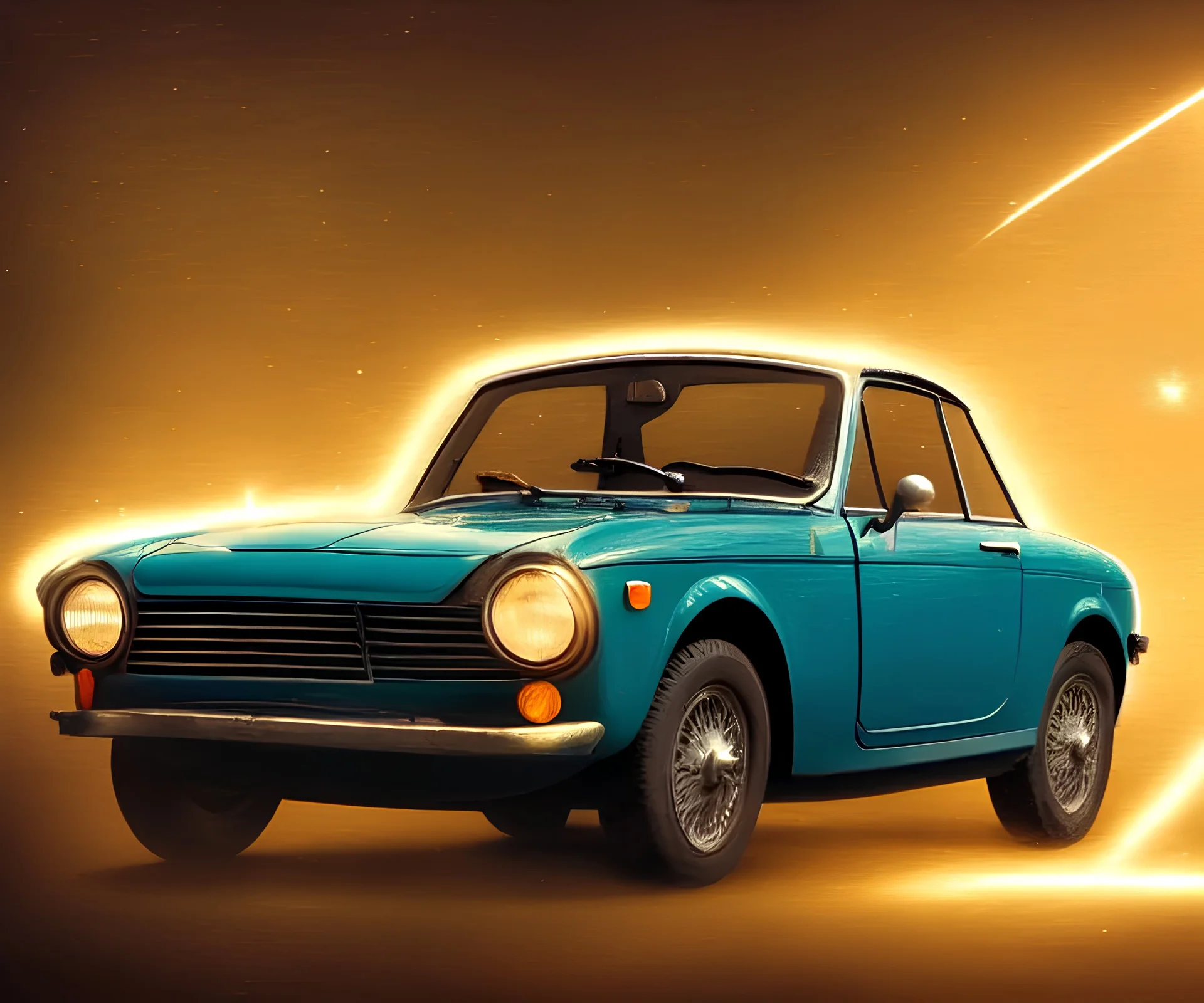 fiat 125p, city. high speed. bokeh. lens flare. warm lights. high detailed. oil on canvas