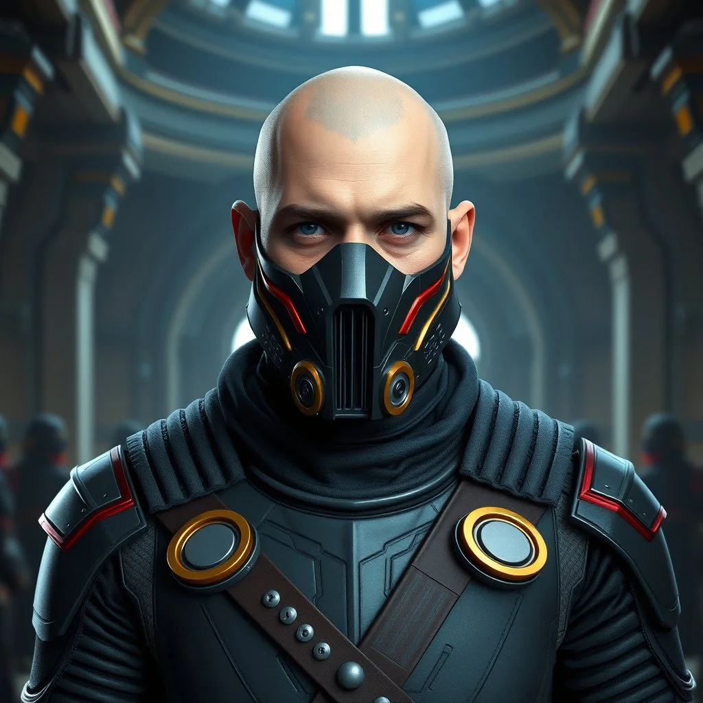 bald male corellian jedi wearing gunmetal grey and black old republic armored flightsuit and breath mask with gold and metallic red trim inside the jedi temple, centered head and shoulders portrait, hyperdetailed, dynamic lighting, hyperdetailed background, 8k resolution, volumetric lighting, light skin, fully symmetric details