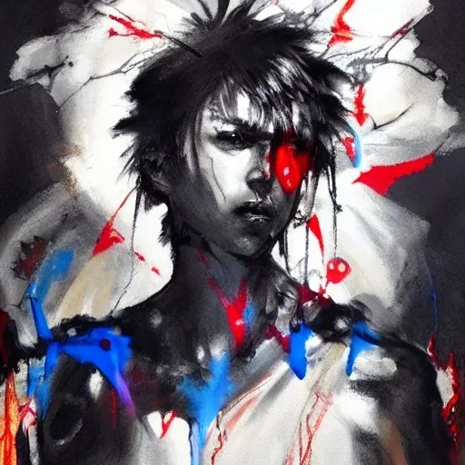 Fullbody portrait of an abstract angelic demon looking at a mirror, colorful charcoal painting, by yoji shinkawa on lsd, erratic brush strokes, sense of dread and death and blood, greg rutkowski, rough