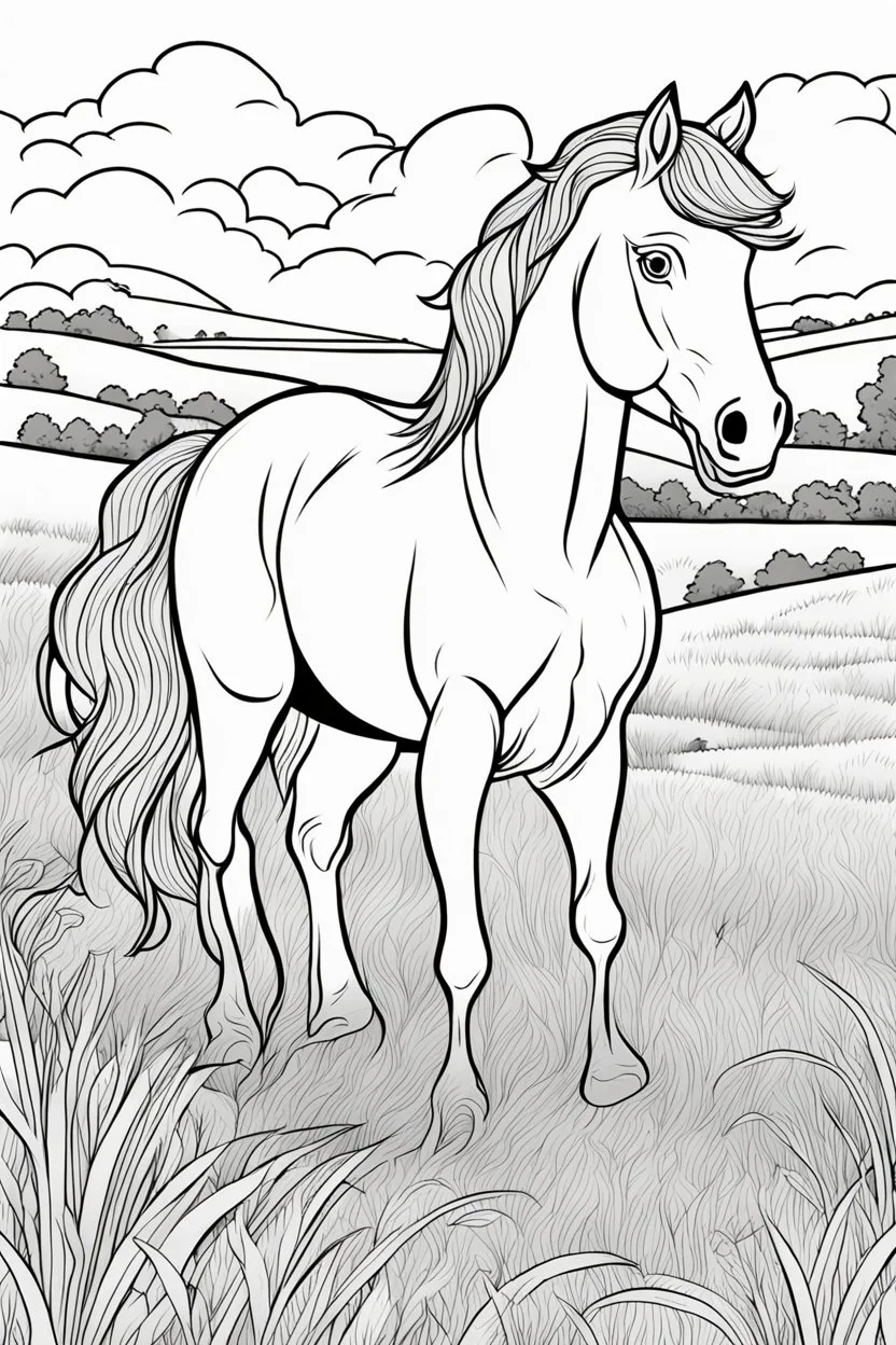 coloring page, horse in a grassy meadow, cartoon style, thick lines, low detail, no shading