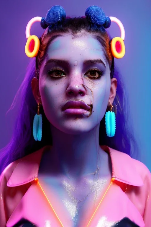 Ultra Realistic image, Rosalía artist, portrait, waist up portrait, black eye line, angry face , gold pink and blue geisha style, spray line make up, geometric, led lights, neon, rings piercing, led ornament, fog, bubble latex coat, vibrant color, highly detailed, art stations, concept art, smooth, unreal engine 5, god rays, ray tracing, RTX, lumen lighting, ultra detail, volumetric lighting, 3d, finely drawn, high definition, high resolution.