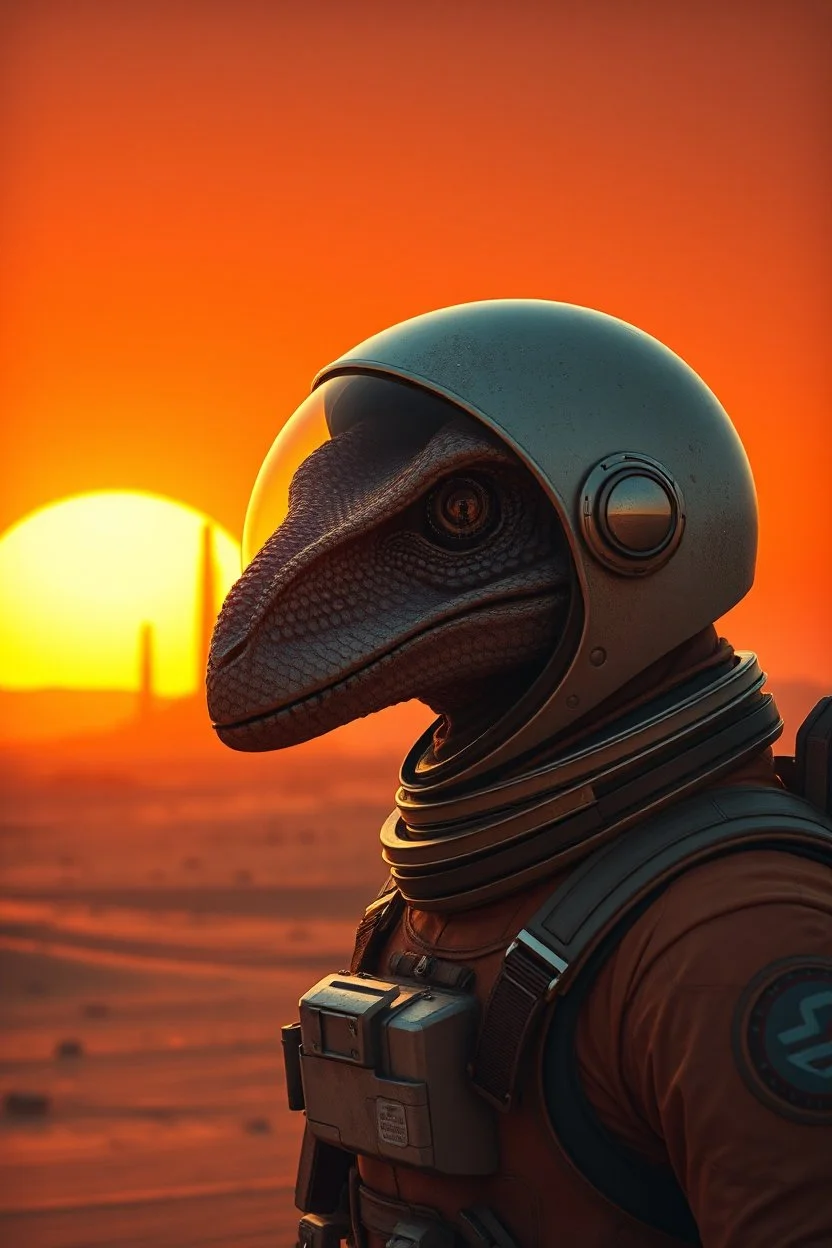 close up portrait of a lonely man-raptor hibrid astronaut , the sun setting in vibrant hues of orange and yellow and red. His helmet reflects the light, he gazes at towering structures on the horizon—remnants of a once-great civilization. With every step through the barren sands, the weight of his mission grows heavier. Is he a pioneer, The silence and black shadows around him , surreal, dark sci-fi, utopistic vibe