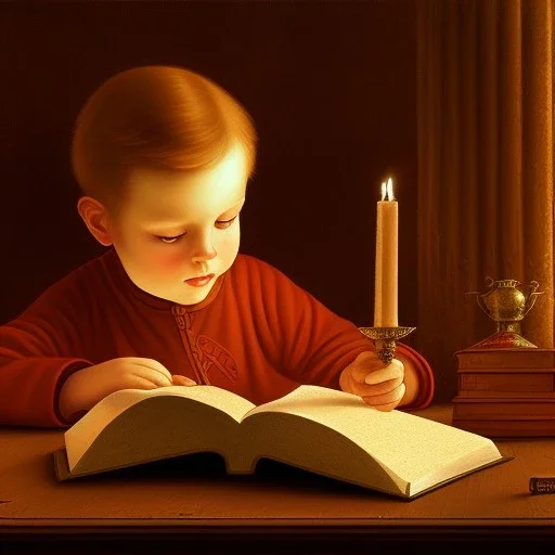 child reading and gathering knowledge in an old room with only candle light, high detail, medieval