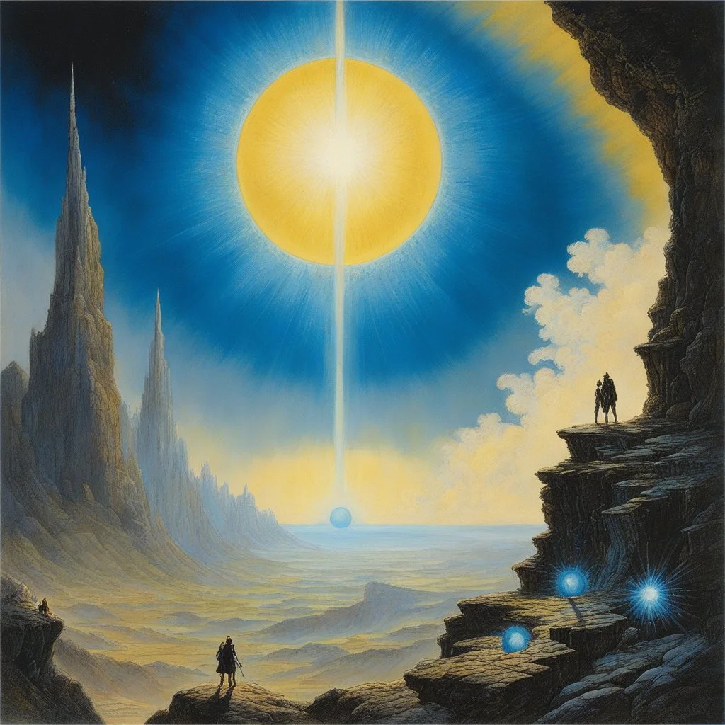 [art by John Blanche] As Atlas and Prometheus on the cliff of the planet with the blue sun and greenish clouds, enveloped by a mysterious atomic energy. The celestial backdrop, the ground rumbles and the sky crackles. towards the vortex, ready to embark. The blue sun cast a cryptic shimmer, leaving their fates hanging in the balance as they ventured into the swirling energies of the alien world.