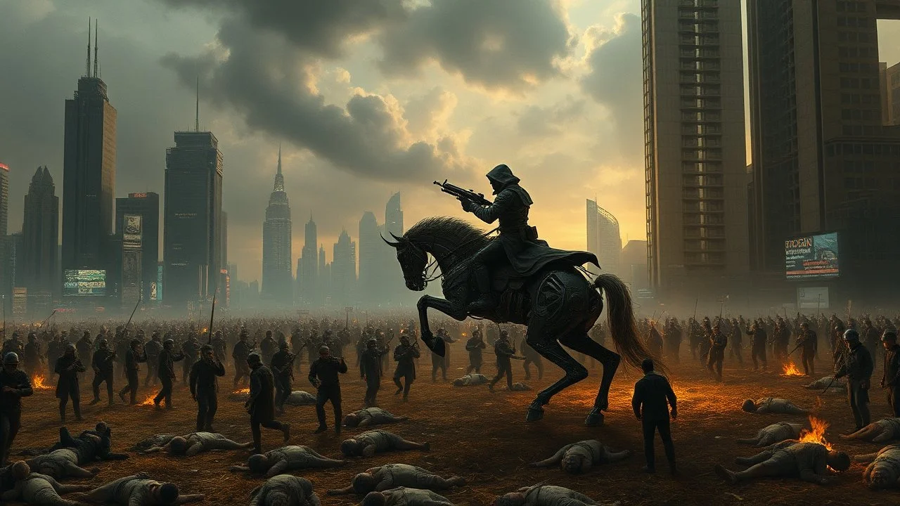 detalied cyberpunk interpretation of Bruegel's "The Triumph of Death", capturing the symbolic "harvest" of humanity with terror. dystopian metropolis under smog sky, cybernetic soliders reapers executing physical harvest army of cyberwarrior and robotic soliders many humans citizens killed, many panicking and run away far away people ,many human bodies lying on the ground. a cyber-death warrior in black hood with futuristic gun on an mechanical robotic horse, thriller, cinematic