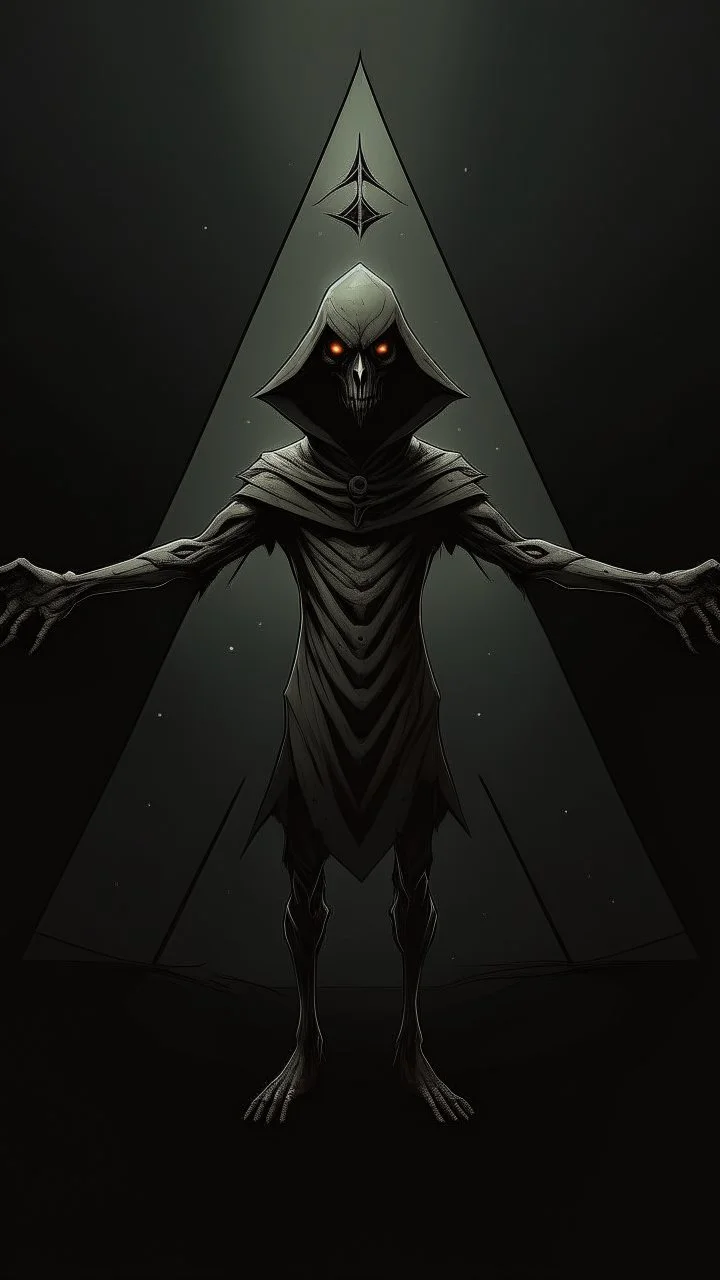 A demonic figure with a triangular body with long arms and creepy small eyes that is floating in a dark room