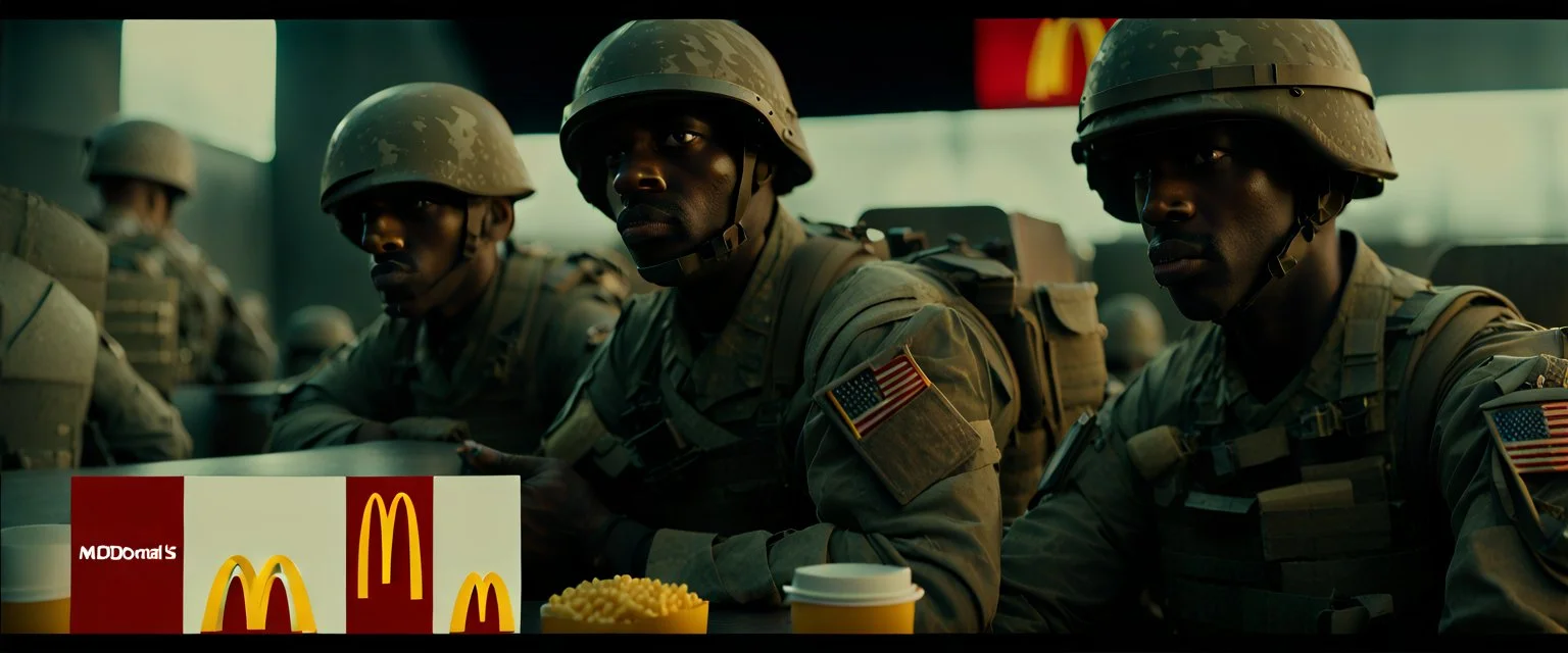 War Film but instead of U.S.A. soldiers it's McDonalds soldiers, cinematic, Fuji Film, Anamorphic lens, 2040s, deep depth of field, WW3 film