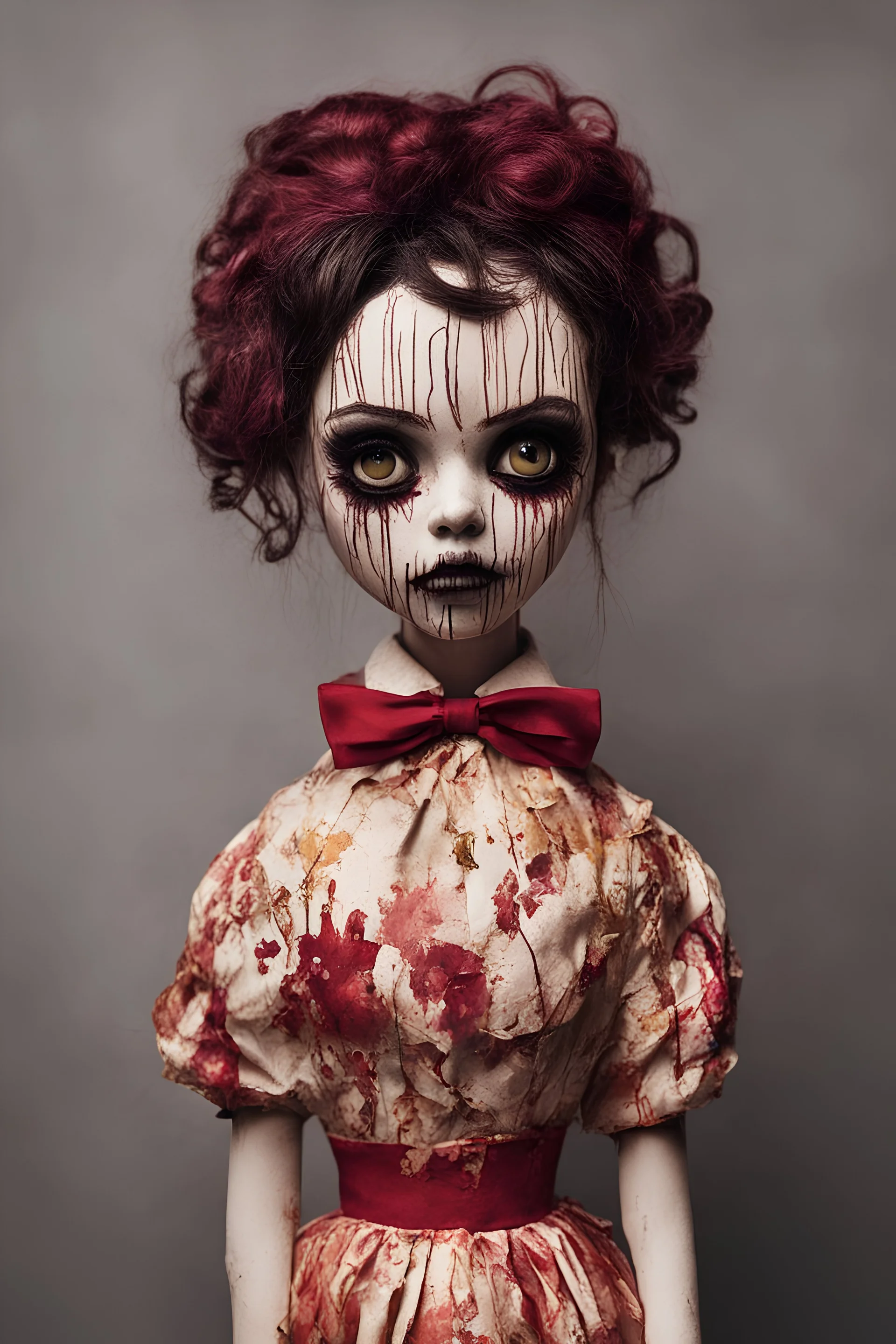 full color, illustration of a darkred and gold tones, menacing, Singer Melanie Martinez face, as a decayed, broken, crude homemade cloth doll toy, with a narrow cracked porcelain face, thick dark eyebrows, hair in two gradually, made from ragged strips of cloth, in the style of Alex Pardee, Tim Burton, and Nadya Sheremet