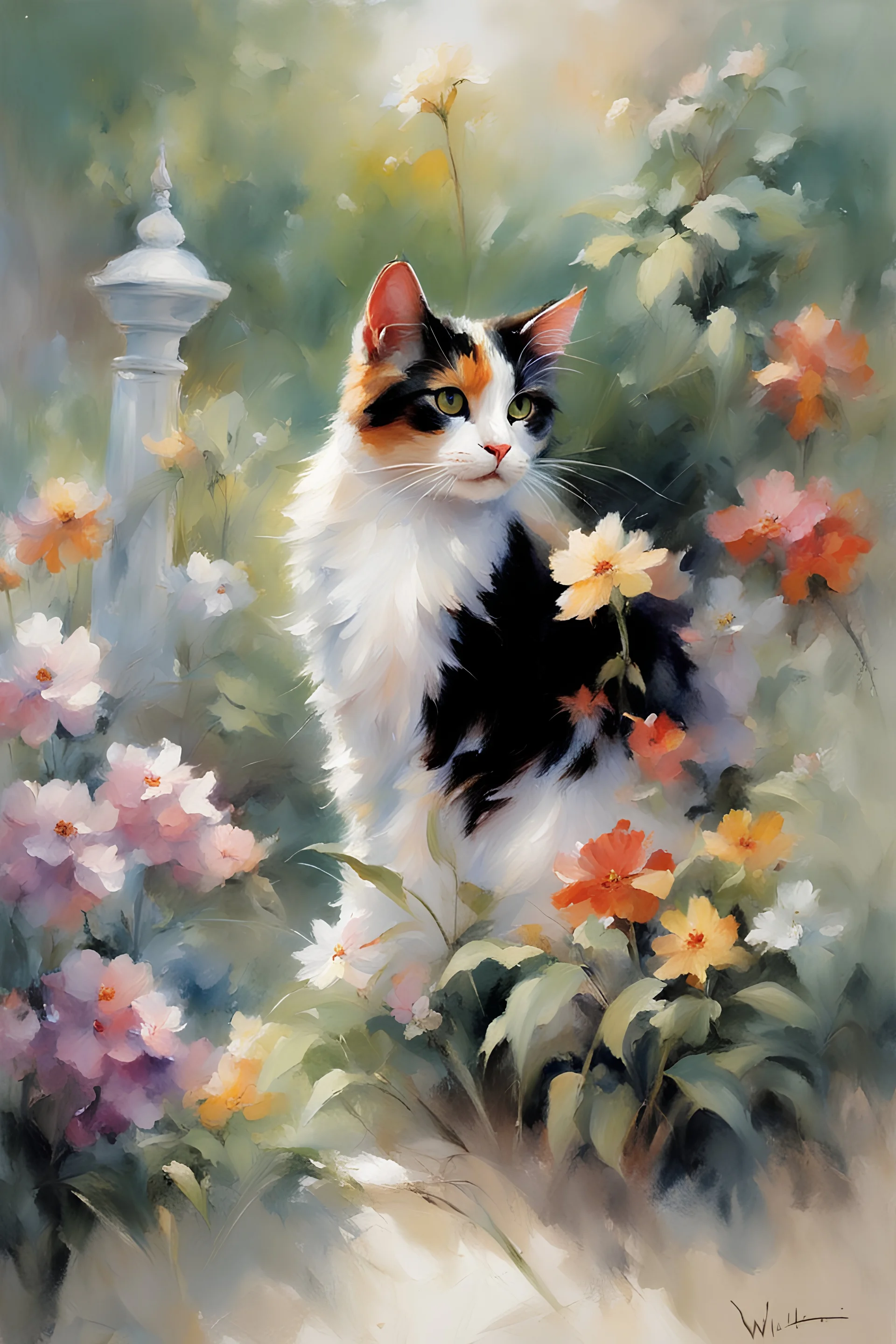 Willem Haenraets style painting, portrait of a Calico cat, in the Garden, painted by Willem Haenraets