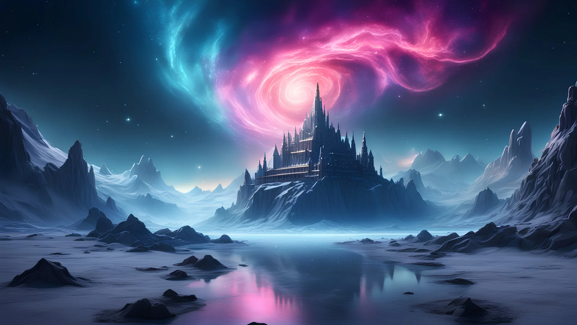 4k landscape realistic Fantasy, Palace , Background: An otherworldly ocean, bathed in the cold glow of distant stars. The landscape is desolate and dark, with jagged mountain peaks rising from the frozen ground. The sky is filled with swirling nebulas and constellations, adding an air of mystery and intrigue with a small winter palace nestled in the valley of the mountains. There is gentle snowfall.