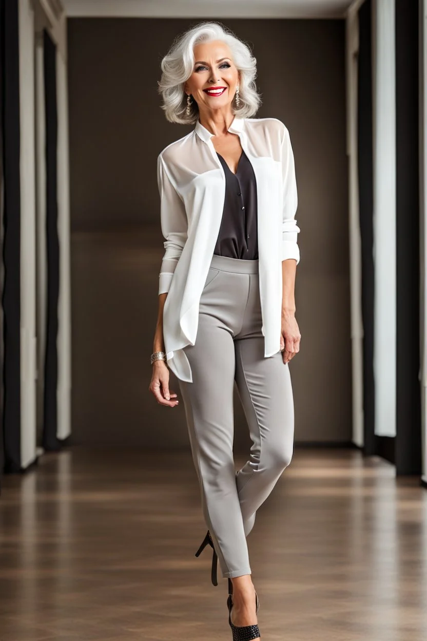 full body of very beautiful lady wearing pants and bluse ,white gray hair ,standing idle happy pose in studio pretty makeup