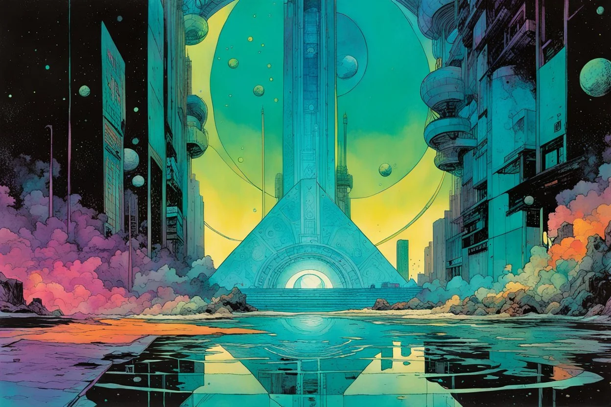 create a wildly abstract and chaotic illustration of an inter-dimensional portal to the highly detailed lost antidiluvian civilization of Atlantis, utilizing fluid organic shapes, in the comic book art style of Bill Sienkiewicz, Mike Mignola, and Jean Giraud Moebius, finely textured, drawn, colored, and inked