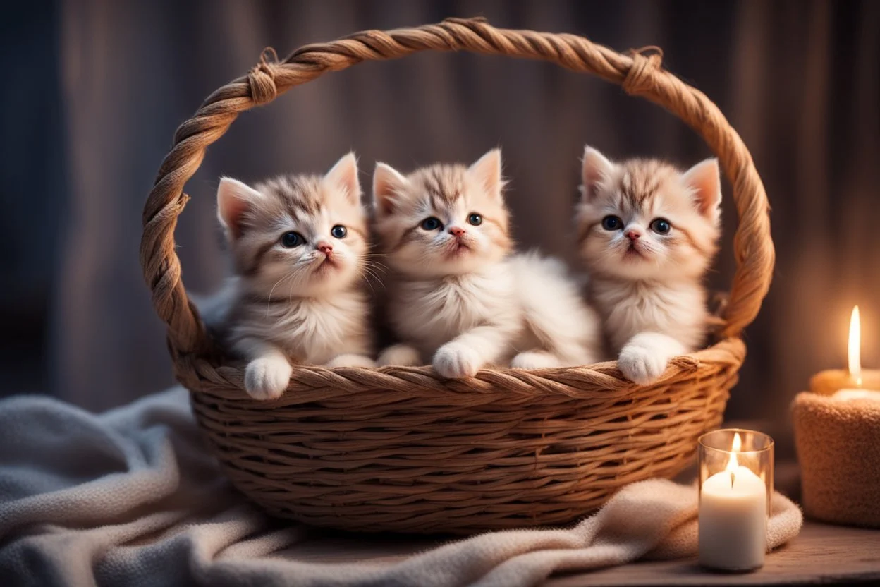 Cute stuffed kittens lie in a carved basket on a soft sling, by candlelight