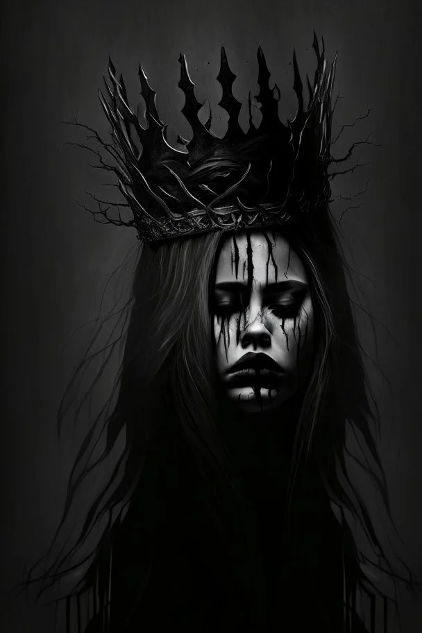 queen of darknees, crown at the head, hair hiding face