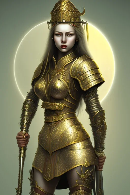 lady warrior with gold top and flower