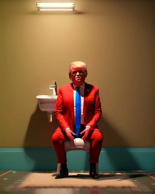 Donald Trump sitting in toilet scene, pants down, realistic image, hooper style, concept art, smooth, unreal engine 5, god lights, ray tracing, RTX, lumen lighting, ultra detail, volumetric lighting, 3d.