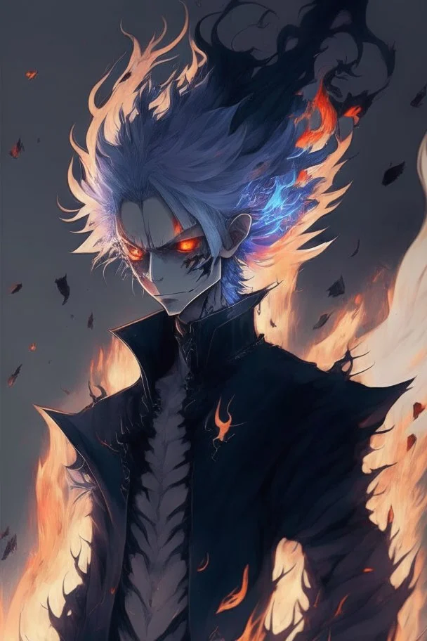 Anime with wight hair and black clothes and power fire