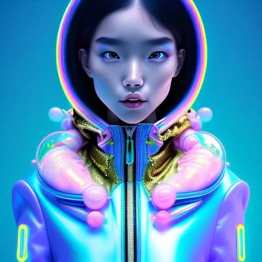 asian woman teenager, few freckles, gold teeth, padded coat, soap bubbles floating, retro futuristic, latex dress, gradient color, BLUE, PINK, CYAN, neon, insanely detailed, 16k resolution, perfect eyes, cinematic smooth, intricate detail