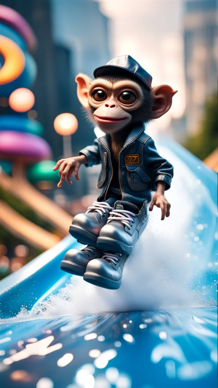 magazine cover, twisted rock star alien gremlin monkey rapper crew with silver boots as a pimp on rocket rushing down heavens water slide,bokeh like f/0.8, tilt-shift lens 8k, high detail, smooth render, down-light, unreal engine, prize winning