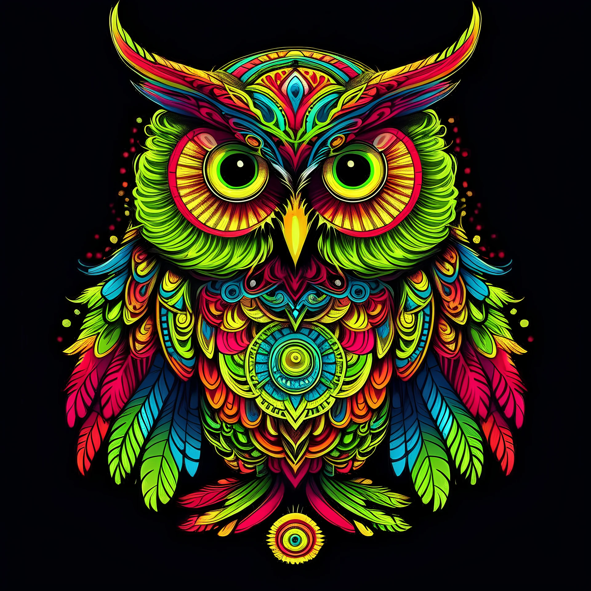 Brightly colored owl with ornate wings and a glowing eye