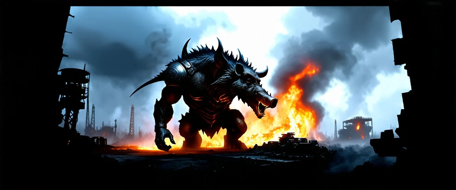 Massive boar-humanoid warlord devouring glowing alien machinery, burning cities in the distance, rusted sky, savage power, industrial jungle ruins, heavy fog, sci-fi fantasy poster, airbrushed brutalism