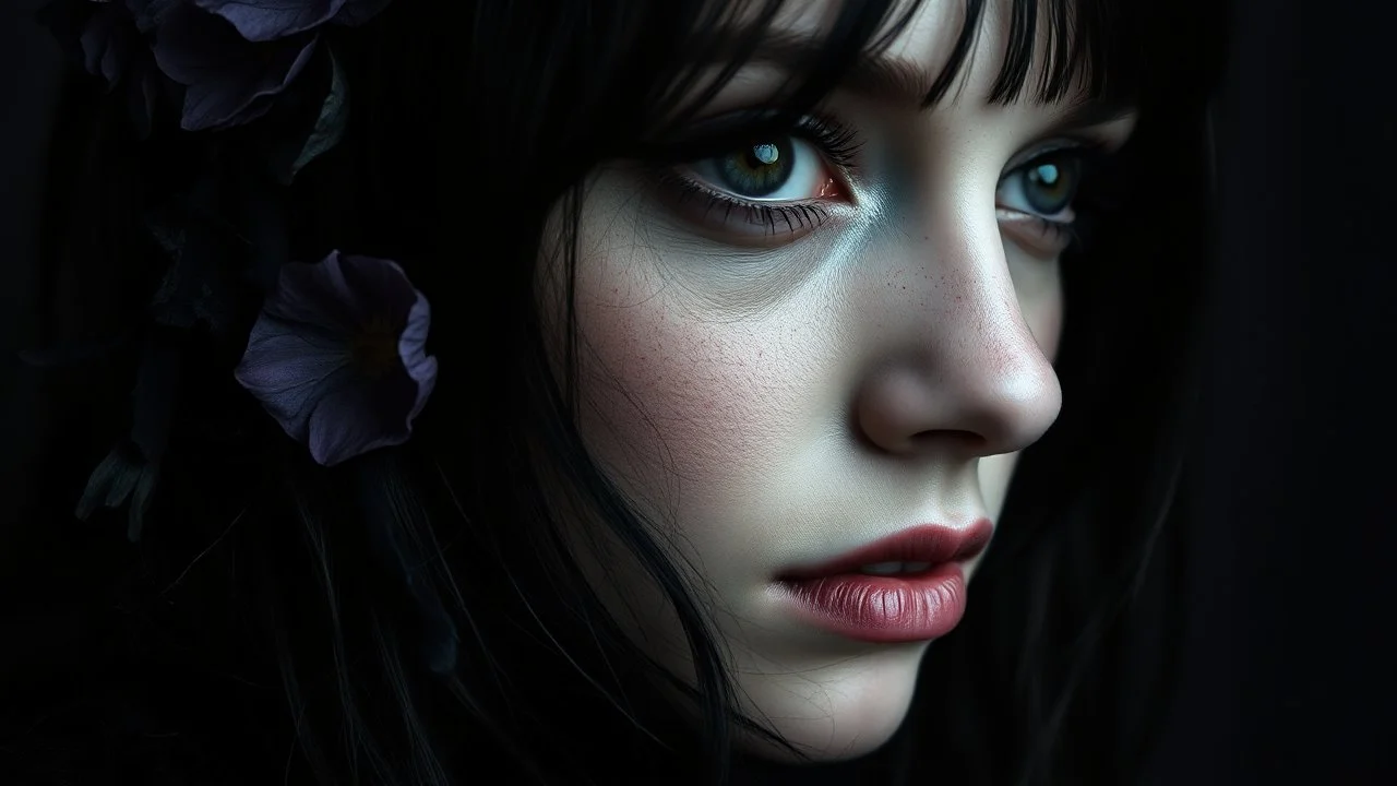 collage from female face, gloomy, around 28 years old, dark hair, non-model face, close-up female portrait made leather, lace, petals, paper, tendrils, velvet, furry, stone, web, abstract face, surreal vibe, oblique plane, goth style, pale face, dark eyes, reflection in her eye, cold gaze, suggestive image, dark mode, dark colors, black, dark purple, dark gray, silver, dark blue, blurred dark background, crepy stunning, artistic, dark night, creepy vibe, goth mood, black raven, dark colors,