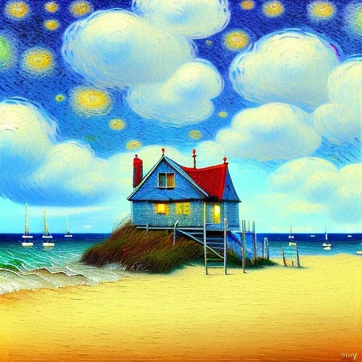 Dibujo al oleo de una casa en la playa con gaviotas con nubes con estilo de Vincent van Gogh