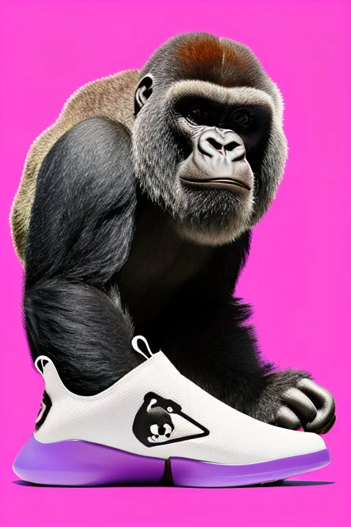 a profile picture of a small gorilla sitting in a purple Converse sneaker, like it's a car, comic style