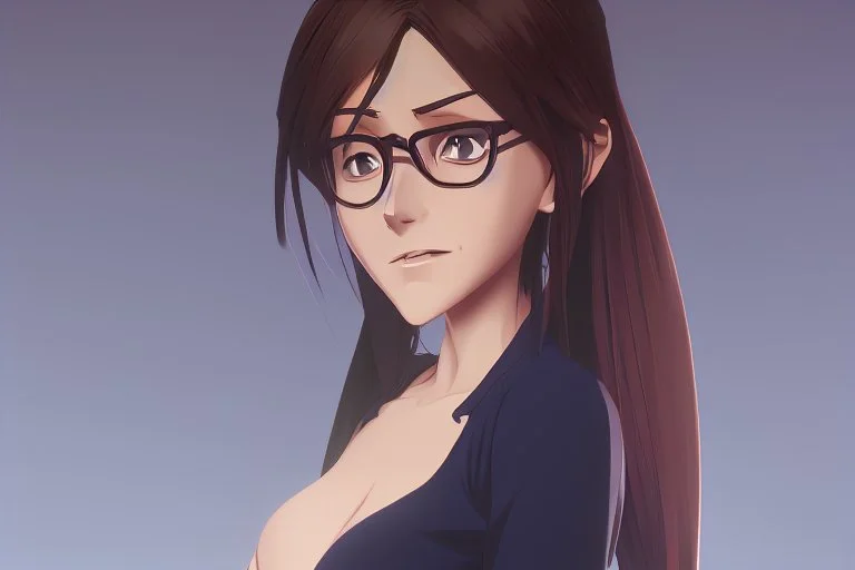 full body of a brown haired anime manga pregnant girl in dark blue dress with eyeglasses