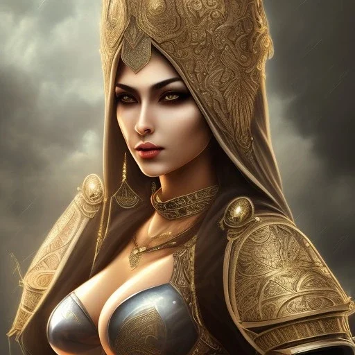 arab female warrior sexy big cleavage dark eyes ornate metal armour silks