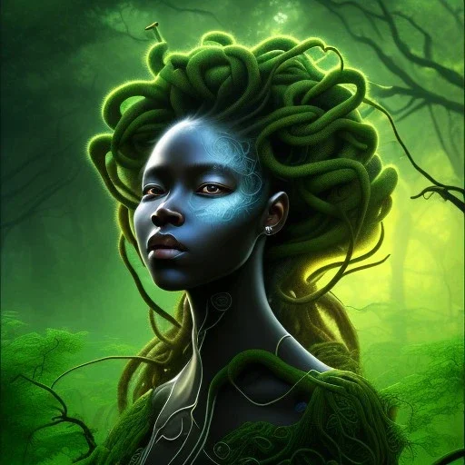 Painting .the face of A young black woman. A wood nymph emerging from the forest. Her hair looks like vines. Dreadlocs. Her skin is the colour of dark soil. Her skin looks like tree bark. Her clothing is made of vines, grass and leaves.