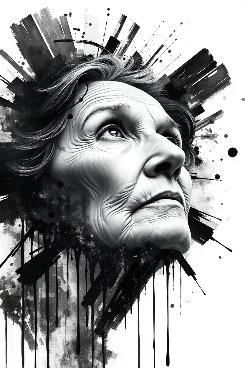 A surreal digital painting of an old woman's face dissolving into abstract black and white brushstrokes and pixelated glitches. Her eyes looking up , and she appears serene, as if lost in a dream or transcending reality. The background is minimalist, emphasizing the contrast between fluid ink-like drips and structured geometric distortions. High-detail, high-resolution, monochrome with soft lighting and dramatic contrast.
