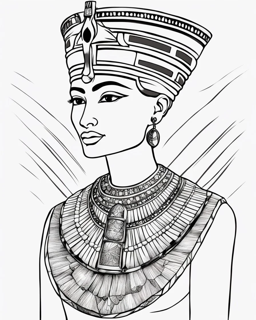 Outline art for coloring pages with Nefertiti , white background, sketch style, only use black outline, white background, no shadows and well and clear outline , white background, sketch style, only use black outline, white background, no shadows and well and clear outline