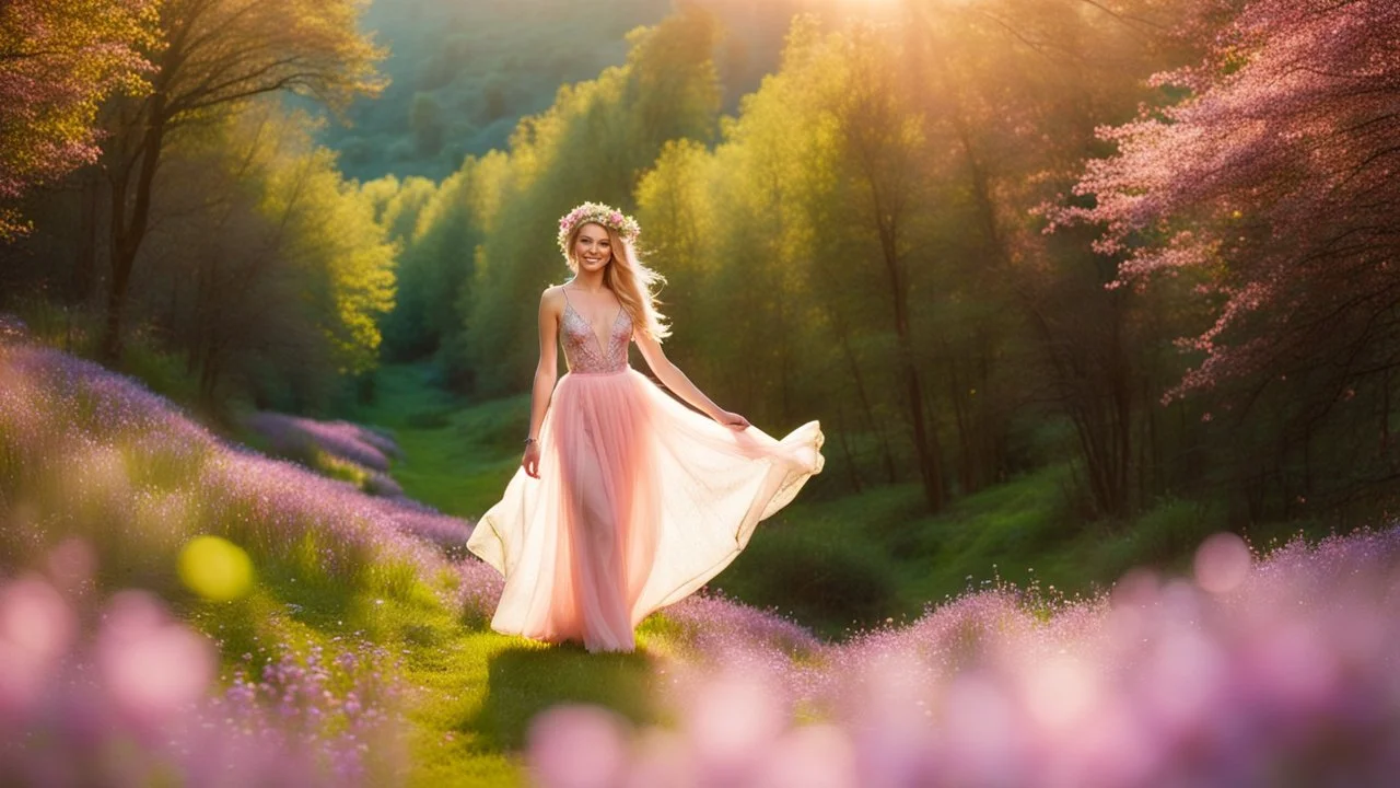 A gorgeous smiling blonde model in a fairy outfit with great glittering wings in a hills of flowers with 1000 y/o trees, a small torrent, loads of mini flowers, moss, sun rays through the branches, particles in the air at spring