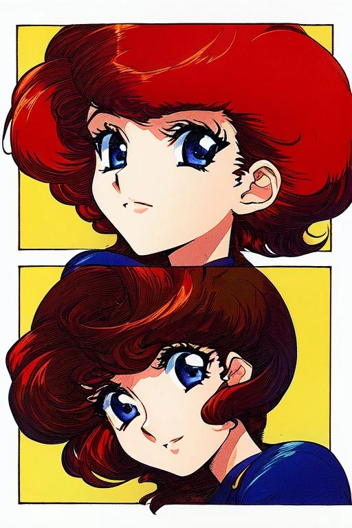 1girl, retro anime, 80's, redhead,Portrait of beautiful woman, sparkling dark blue eyes,