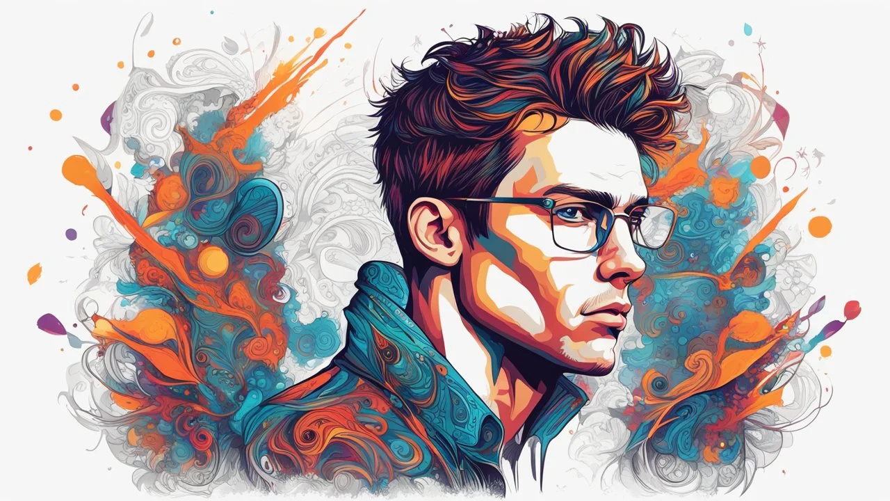 2D drawing, vector art, isolated on white background, subject centered, Transform your concept into a stunning piece of vector art, with intricate details and bold colors popping against a clean white background. Young man is a mysterious creative graphic designer