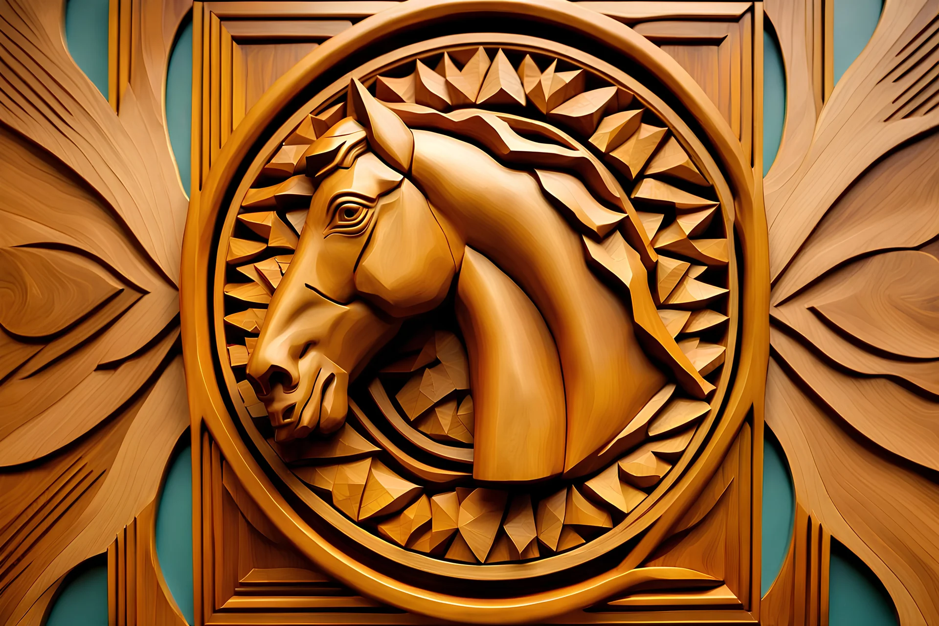 Wood Carving Wall Decor Golden Metal Framed HORSE Psychedelic large Quality HUMAN Primitive Half FACE geometric Fractive Background Amazing Natural Colors Highly Details CAFFE Coffee Perspective featuring an abstract composition of claim to lake saide professional development opportunities FACE with a mystical astral plane of the universe, featuring a geometric division enhancer. The artwork should have a low poly style with a symmetrical fractal background. The main focus should be on an amazin