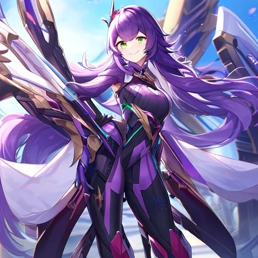 Clear focus,High resolution,High quality, Smiling, Purple long fluffy hair, Green eyes, Wearing a pink mech uniform, Honkai Impact Star Rail