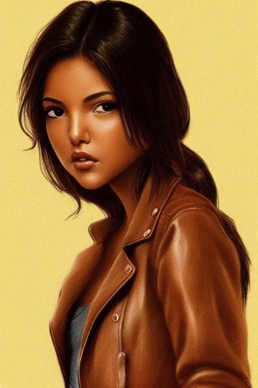 pristine full face portrait of beautiful natural isabela moner, au naturel, sexy, smirking, intricate, elegant, detailed light brown eyes, leather jacket, digital painting, artstation, concept art, smooth, sharp focus, illustration, pivot on face, art by omar ortiz