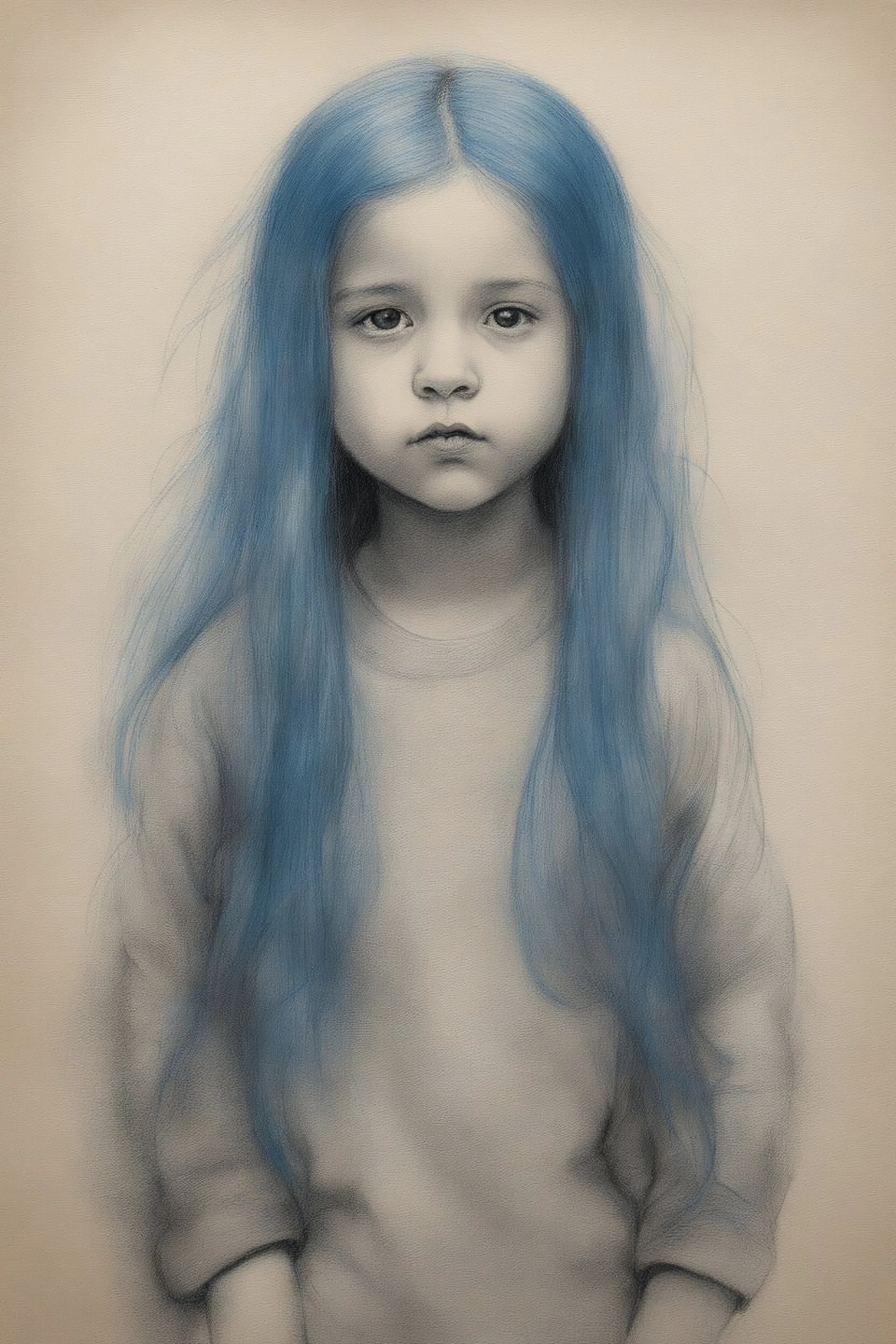 A little girl with long blue hair, charcoal sketch on toned paper