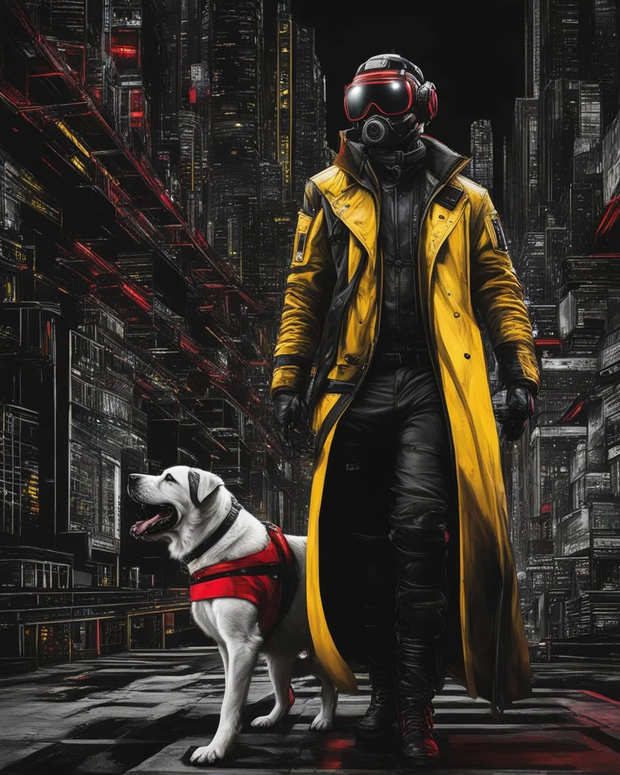 Dogman cyberpunk, lineal arte, intrincado, incredible work of art, black, White, red and yellow colors